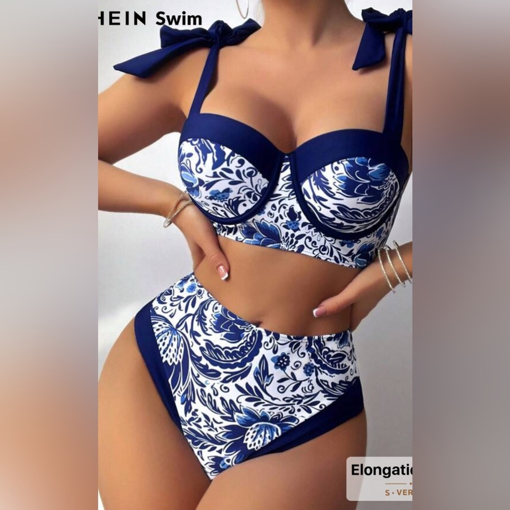SHEIN Blue and White Floral Bikini Set